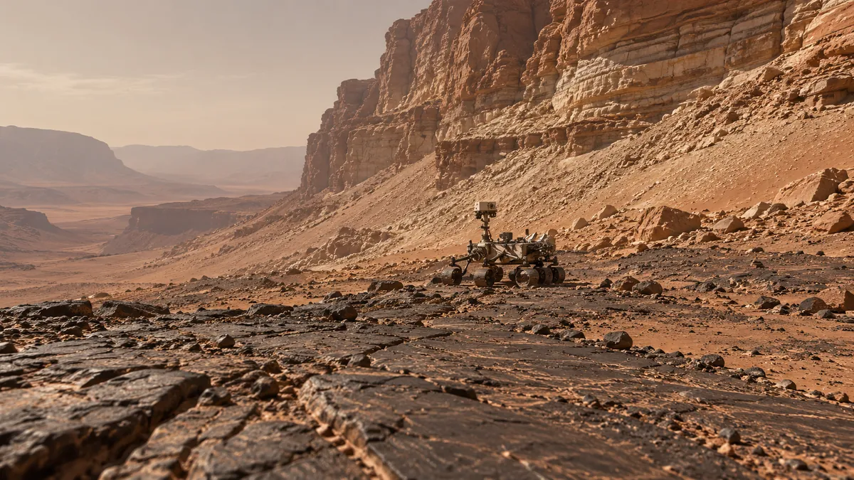 A Mars rover below layered cliffs