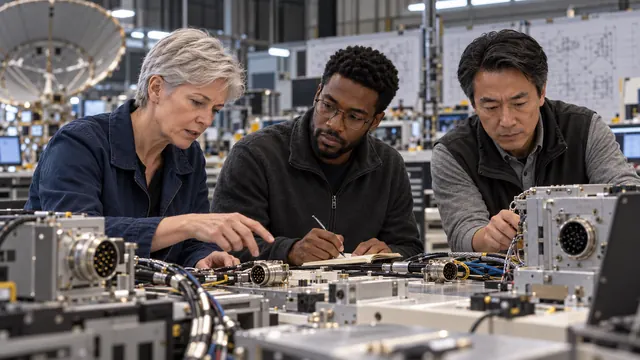 Three engineers examining antenna hardware at a workbench