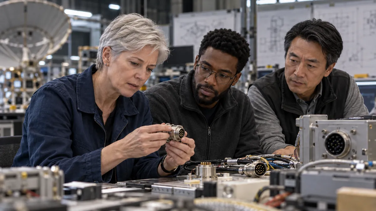 Three engineers inspecting a waveguide part together