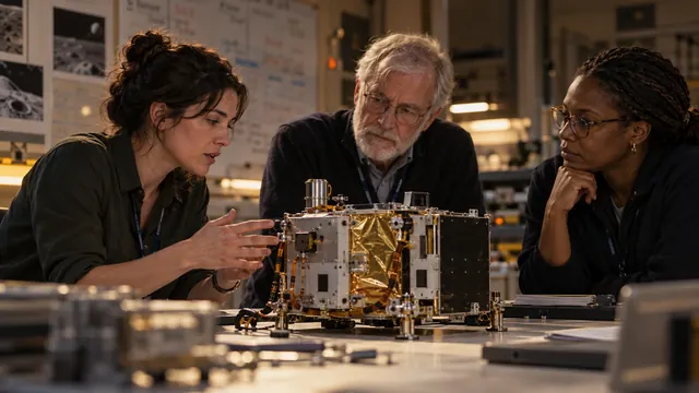 Three team members examining the instrument at a lab bench