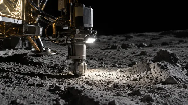 The rover's instrument lighting the ground beneath it on the Moon