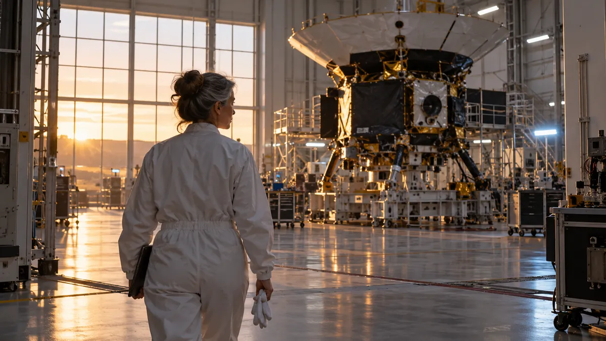 A technician walking through the spacecraft assembly hall