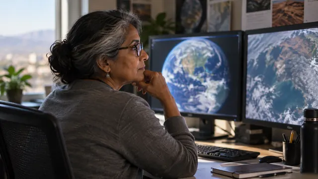Scientist with Earth on screen, in the scenario on whether a warmer ocean map is real