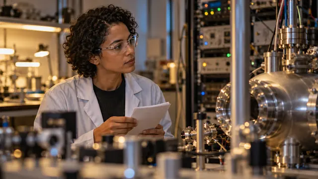 Physicist with notes, in the scenario on a changing signal in an orbiting cold-atom experiment