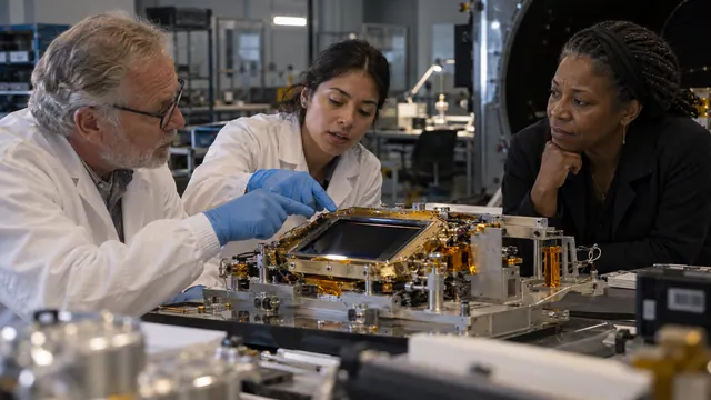 Three researchers examining the instrument, in the scenario on a faint point in a planet-search test image