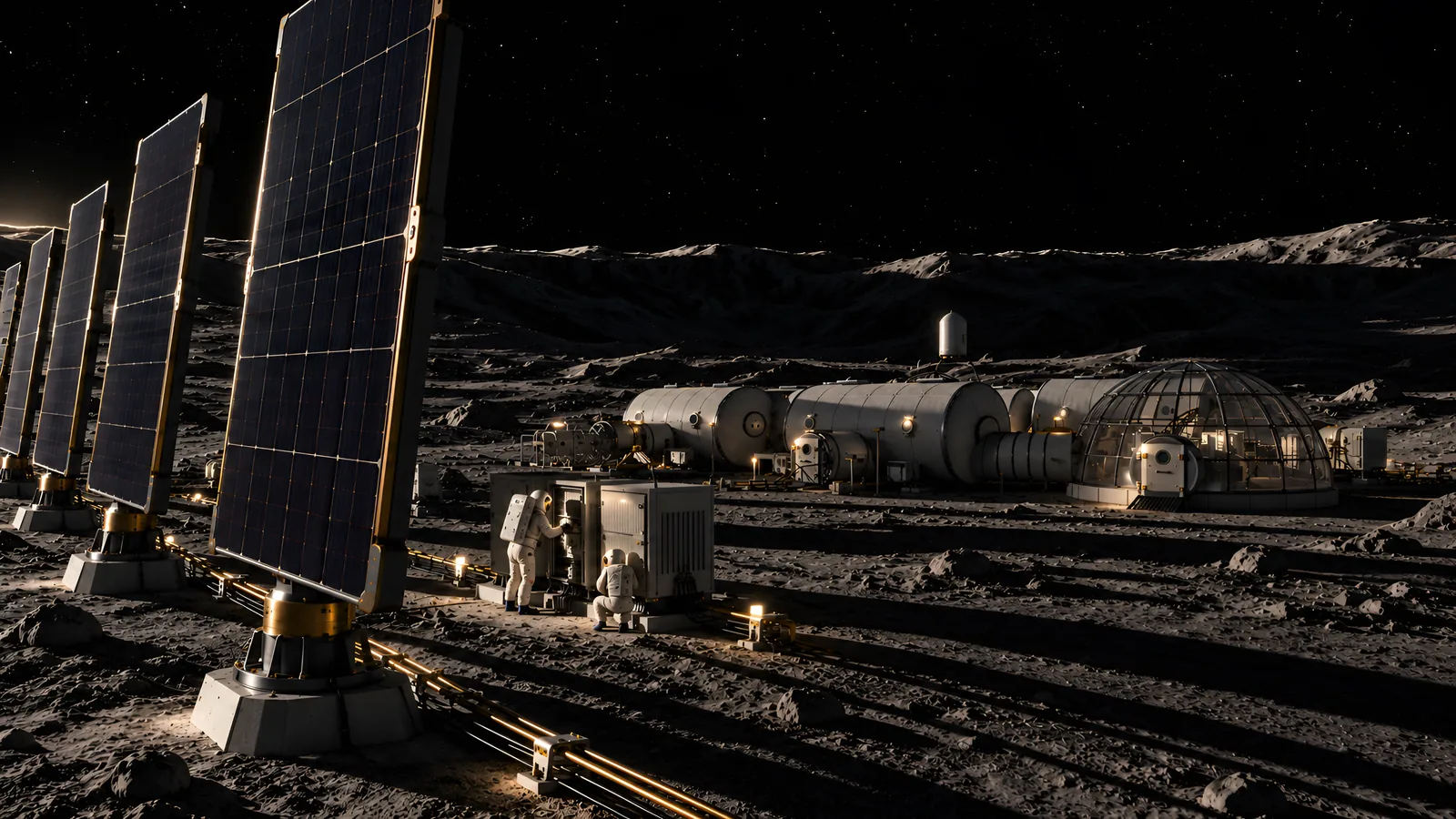 Solar arrays along the crater rim with the base modules behind
