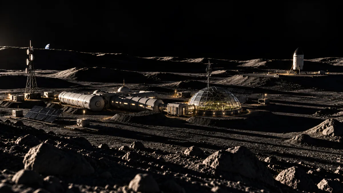 Shackleton Base Alpha under a low Sun at the lunar south pole