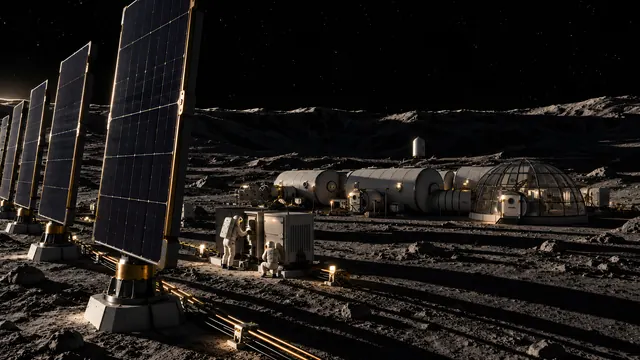 Solar arrays along the crater rim power line