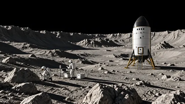 A crew lander on the lunar surface with two astronauts working beside it